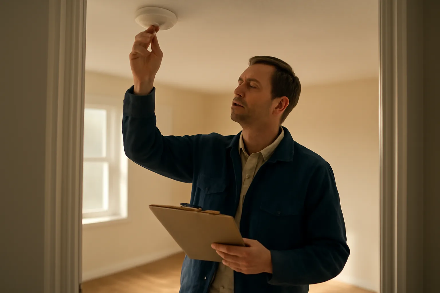 Landlord checking a smoke detector during a rental license inspection walkthrough
