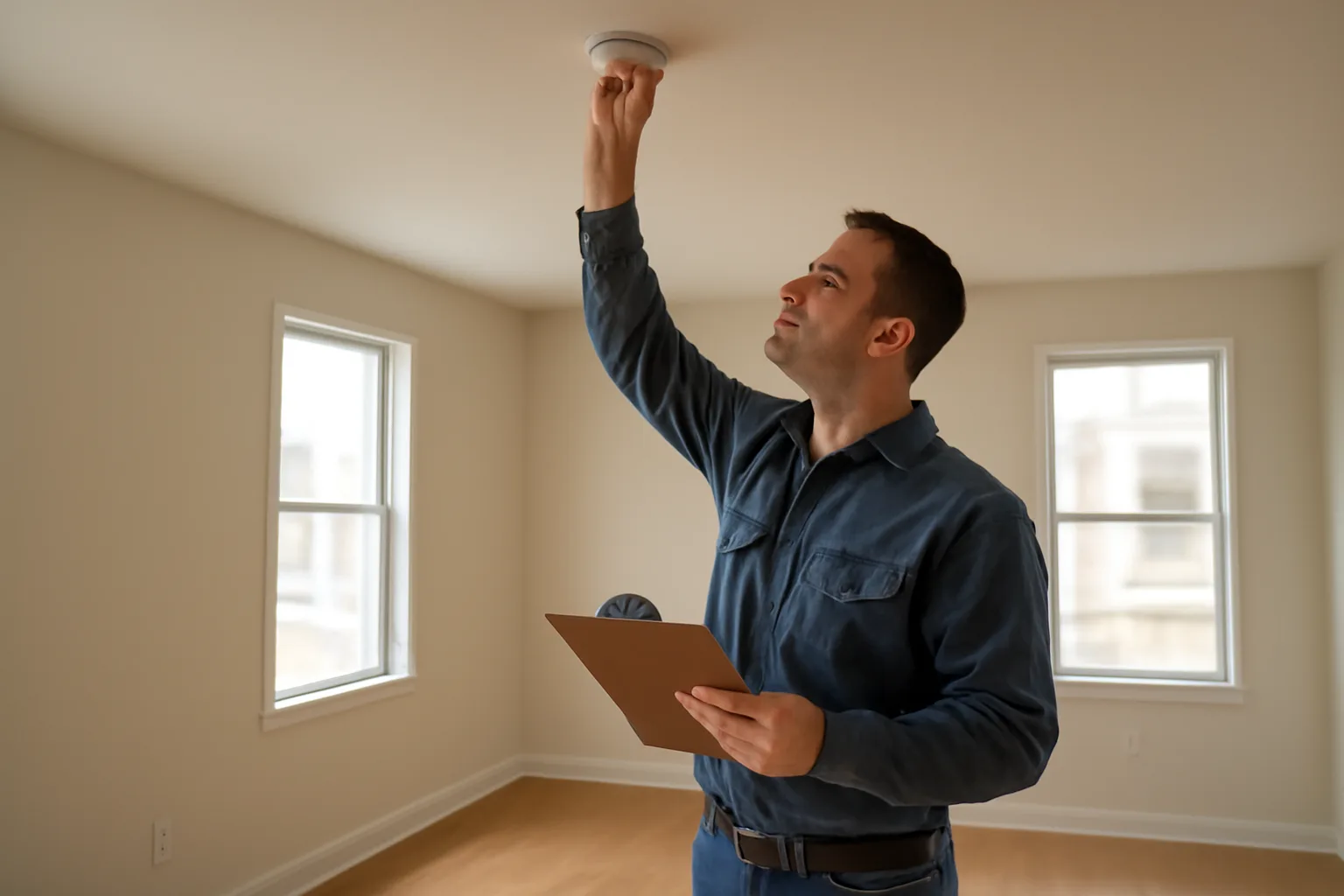 Landlord checking a smoke detector during a rental unit walk-through inspection