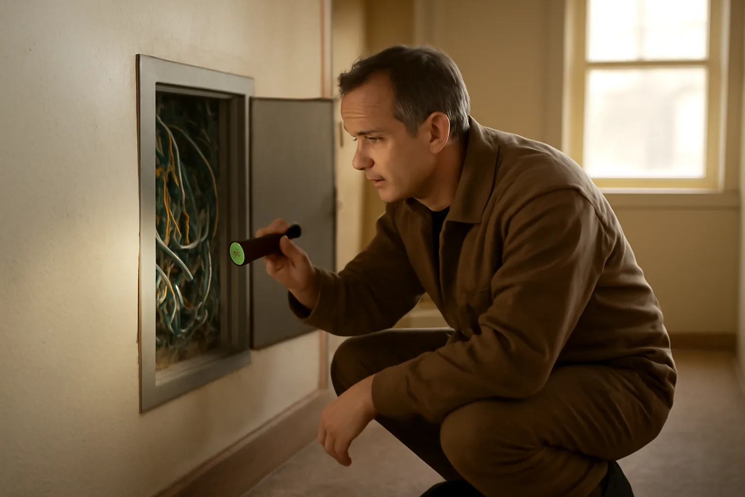 Landlord inspecting an electrical panel in a residential rental unit hallway