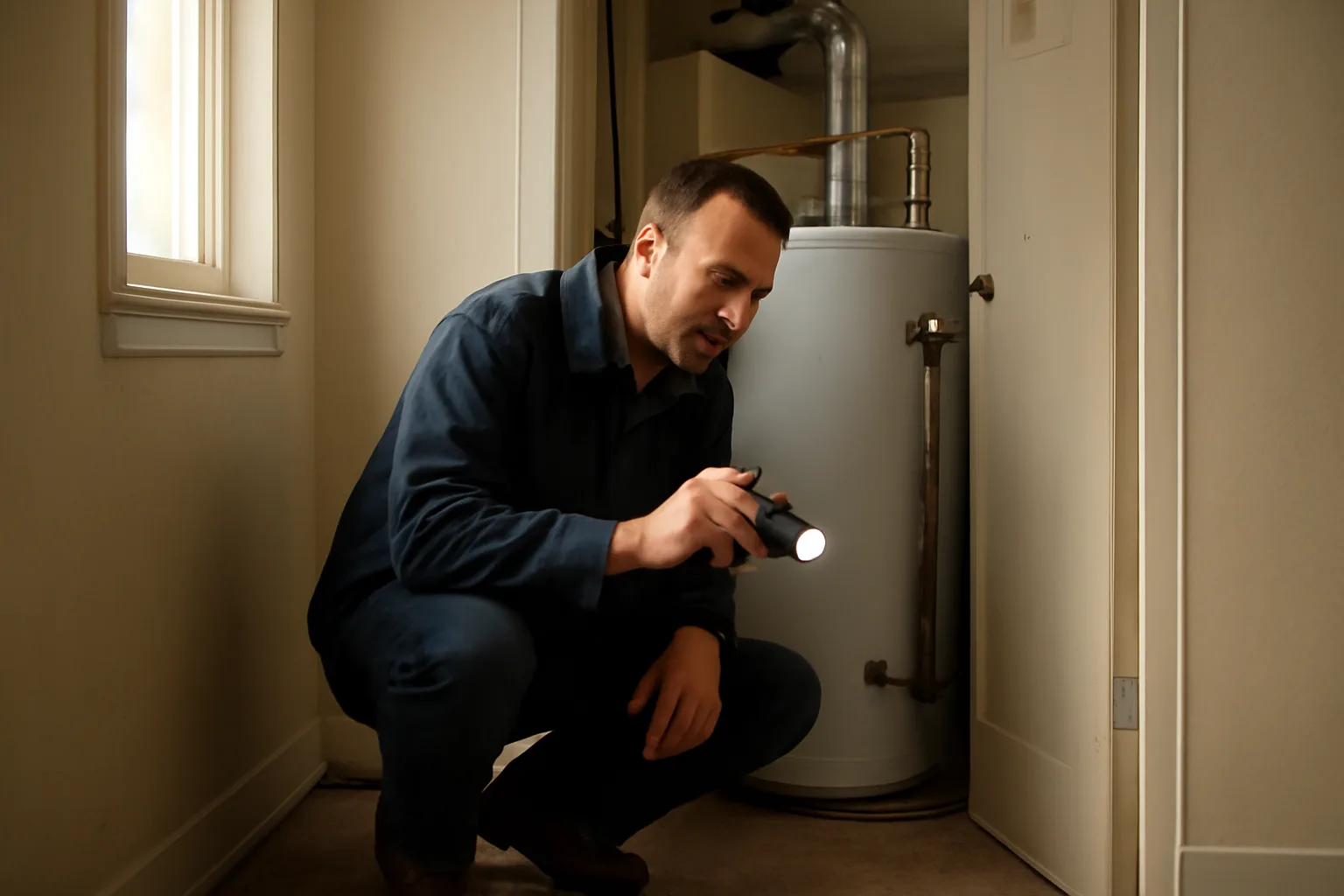 Landlord checking a water heater during a routine home inspection in an apartment hallway