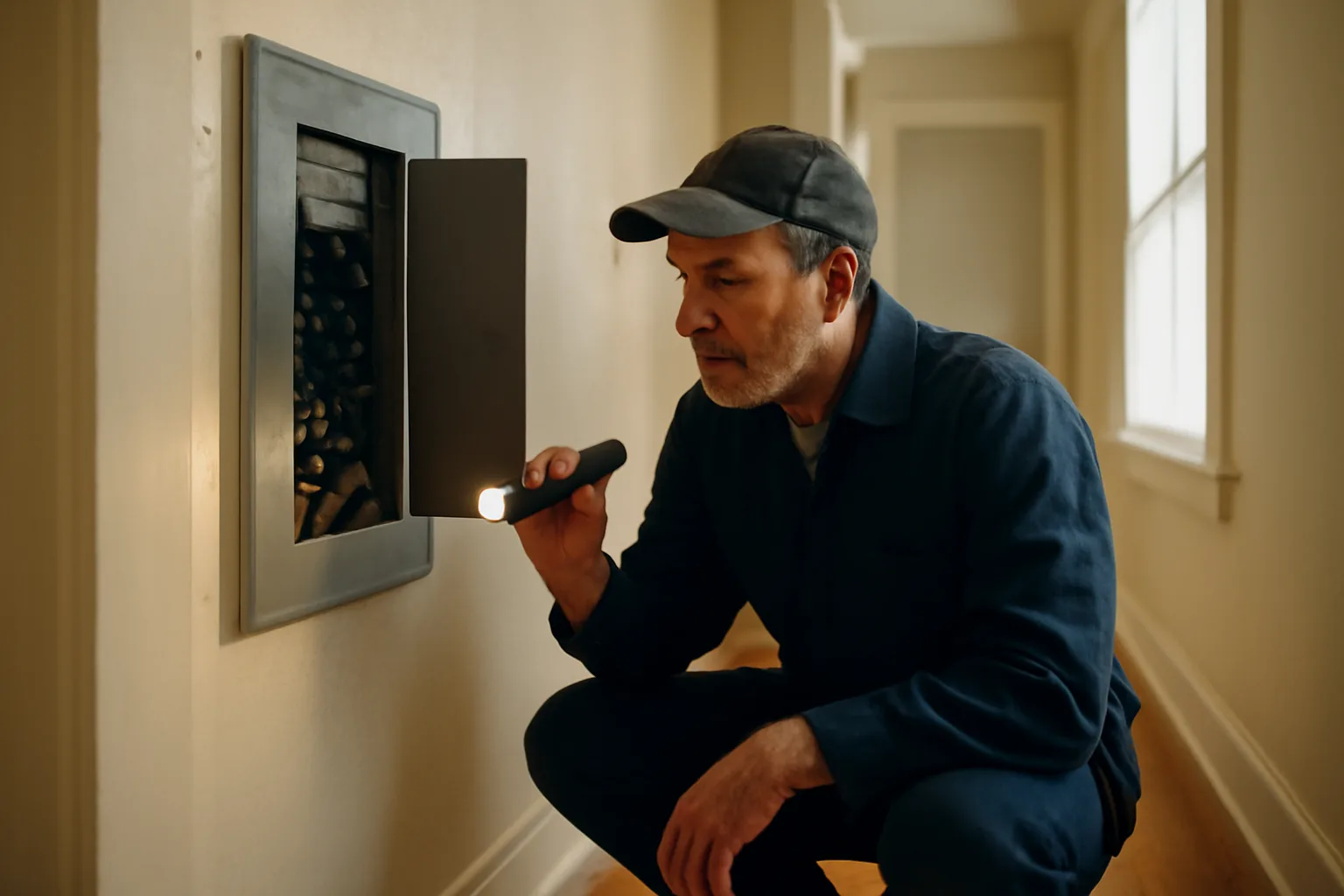 Landlord inspecting an electrical panel during a routine rental inspection walk-through