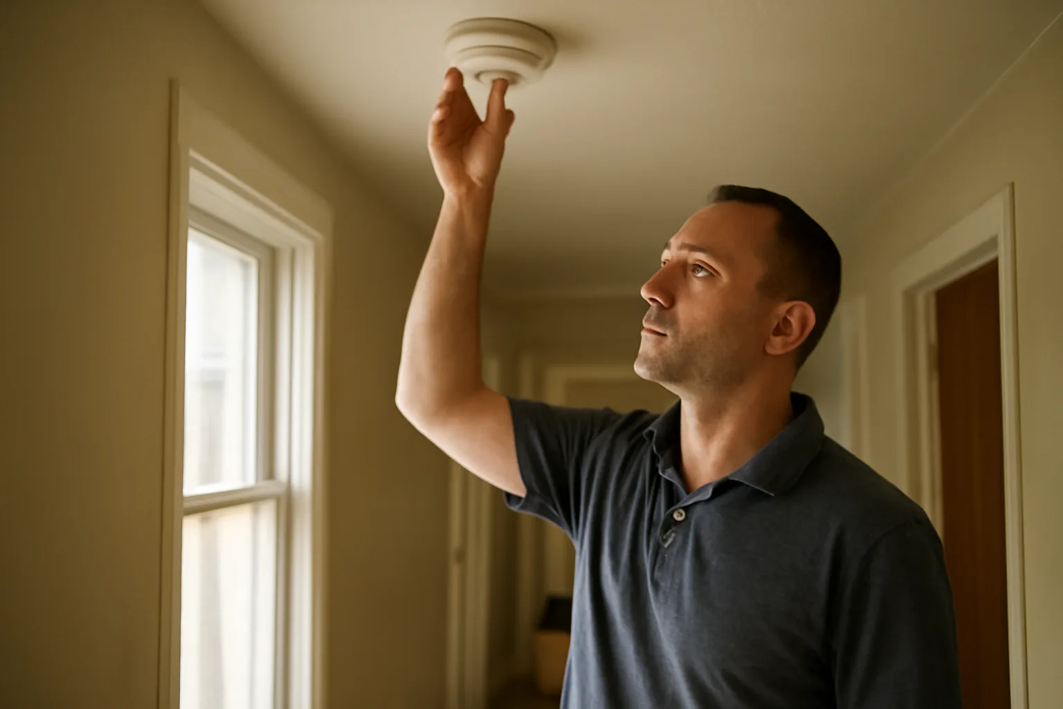 Inspector checking a smoke detector during a Sacramento rental housing inspection visit