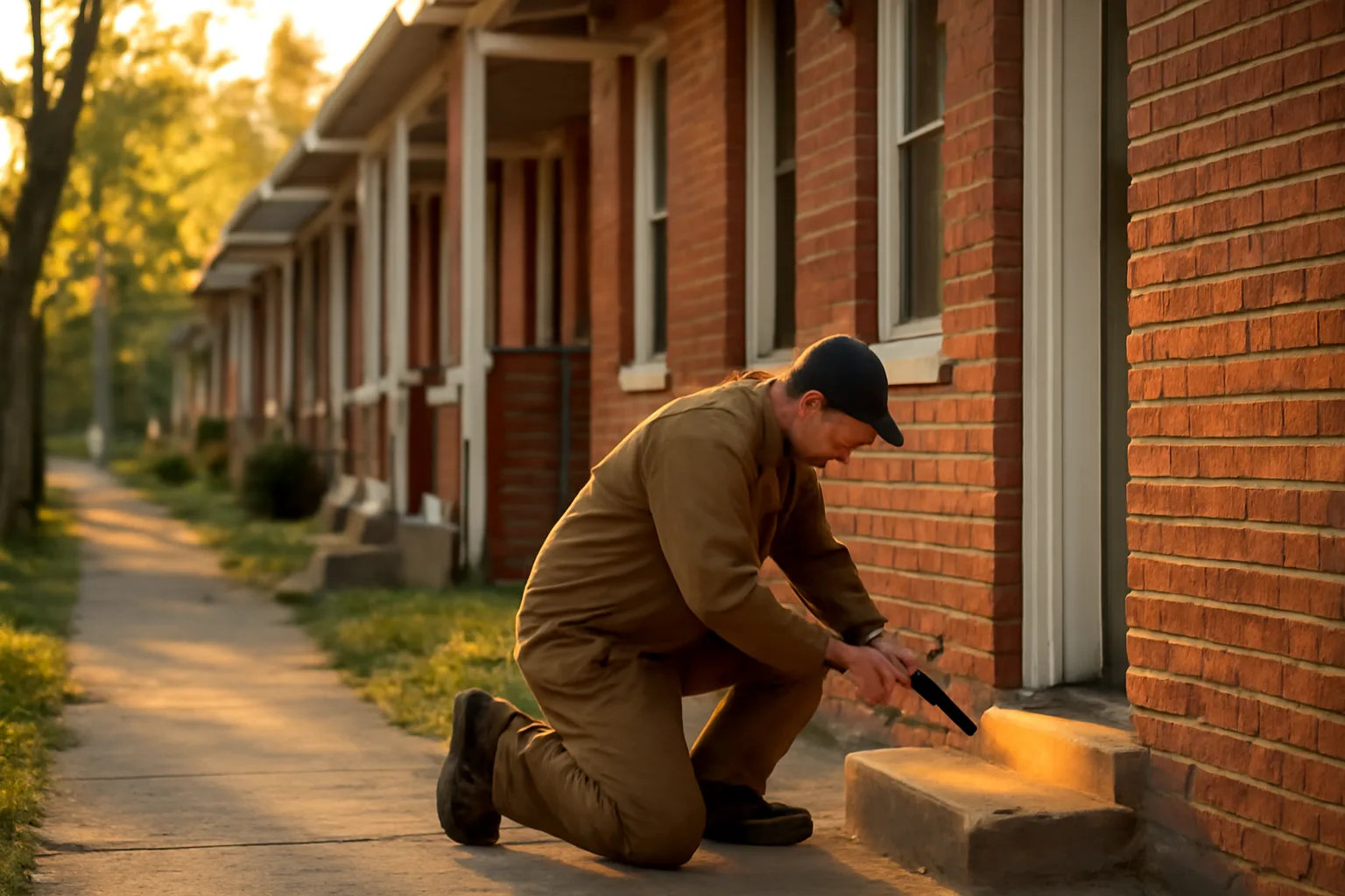 Inspector checking a rental duplex doorway on a residential street at dusk