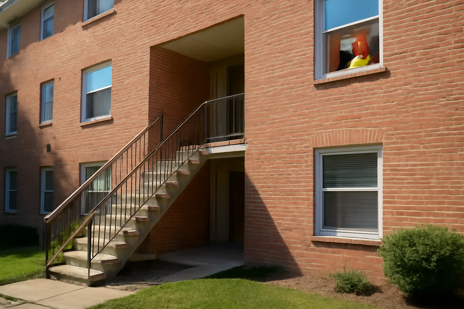 Landlord and inspector reviewing a small rental building exterior during a licensing inspection