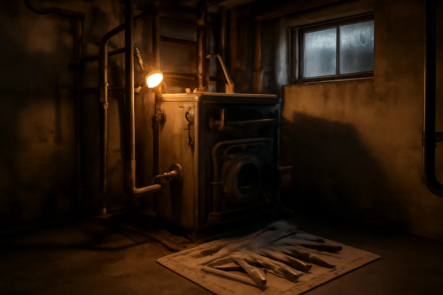 technician repairing an old residential boiler in a basement at night