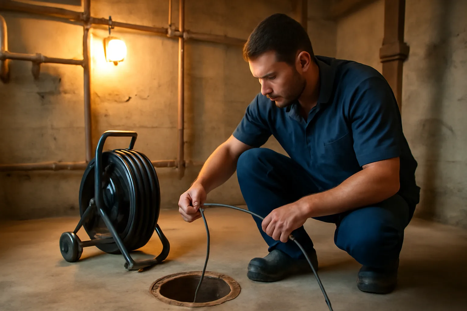 Plumber inserting a pipe crawler camera into a basement sewer cleanout during an emergency inspection