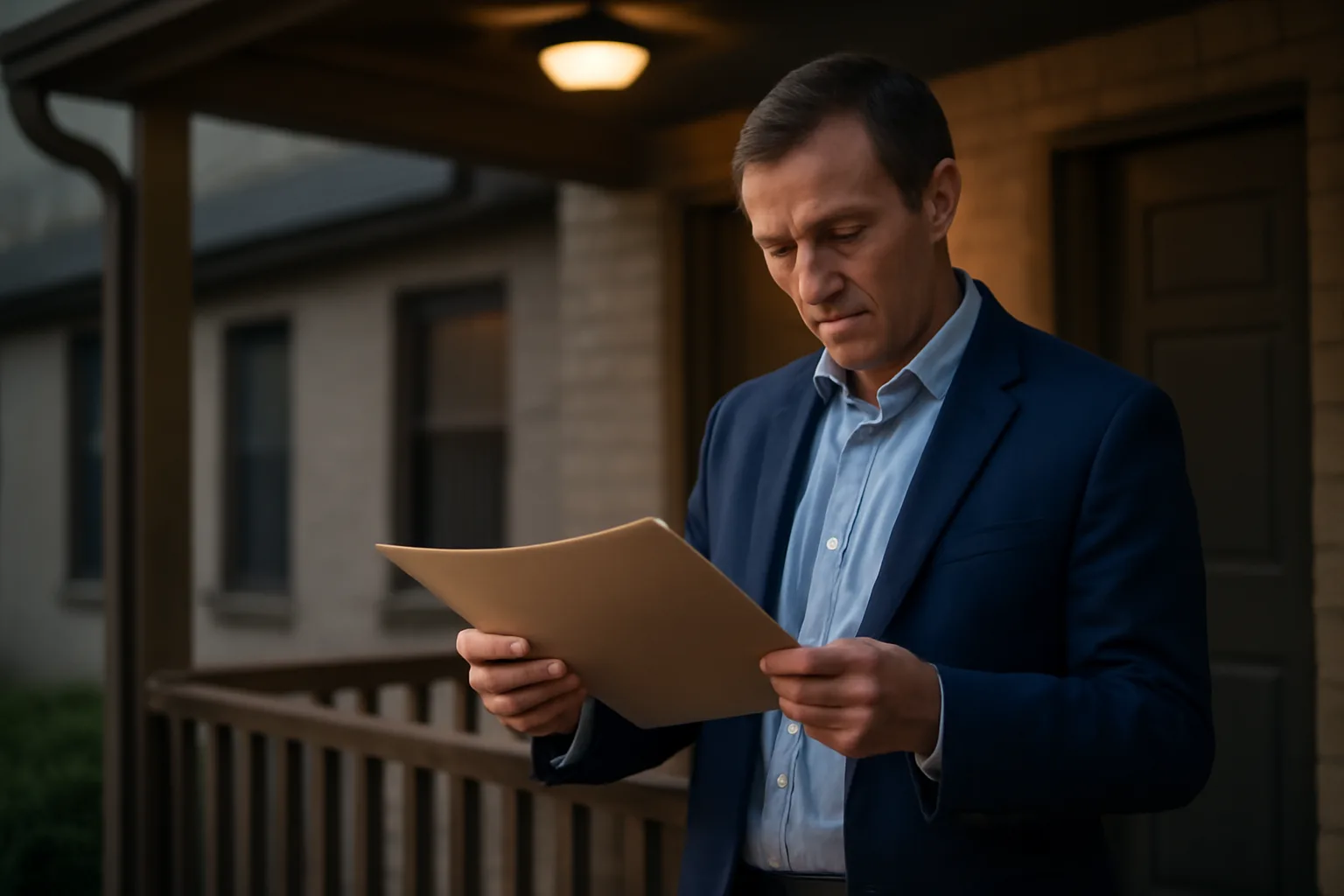 Landlord reviewing rental property paperwork on a porch at dusk
