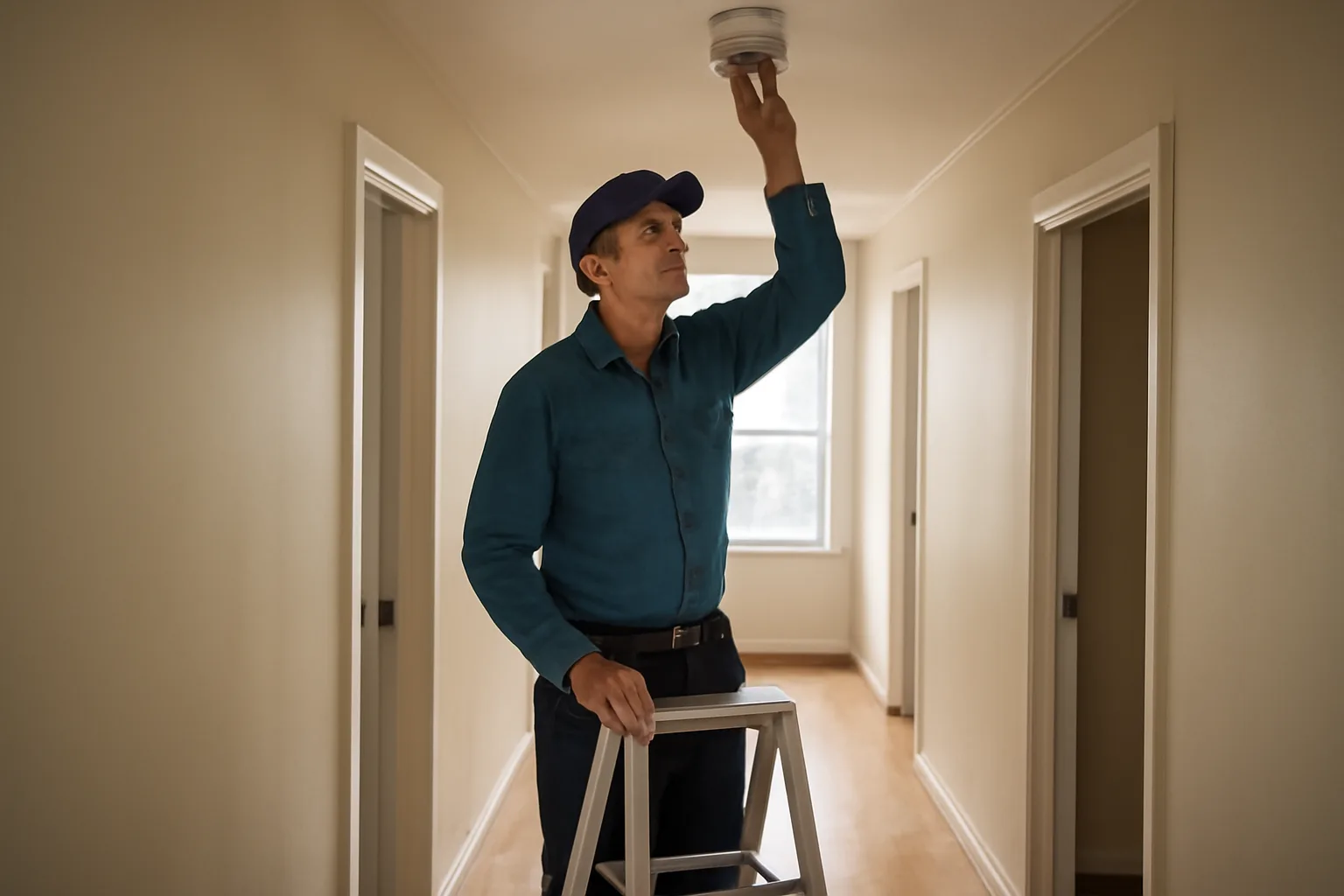 Landlord checking a smoke detector during a rental unit inspection