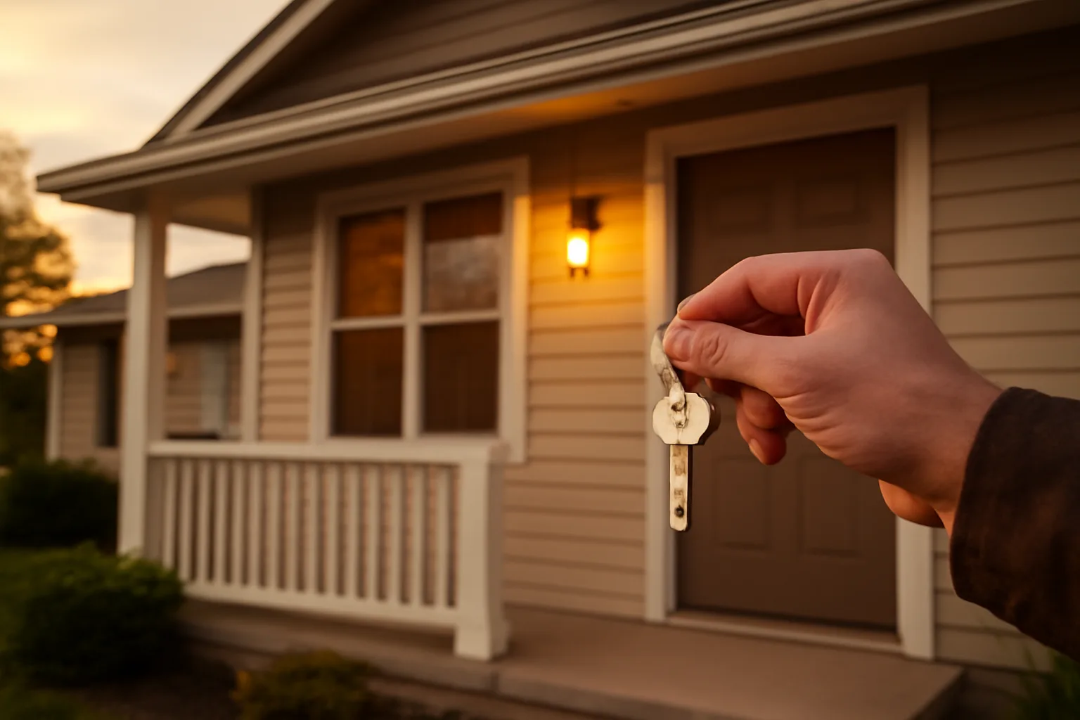 Landlord holding house keys at the front door of a rental home