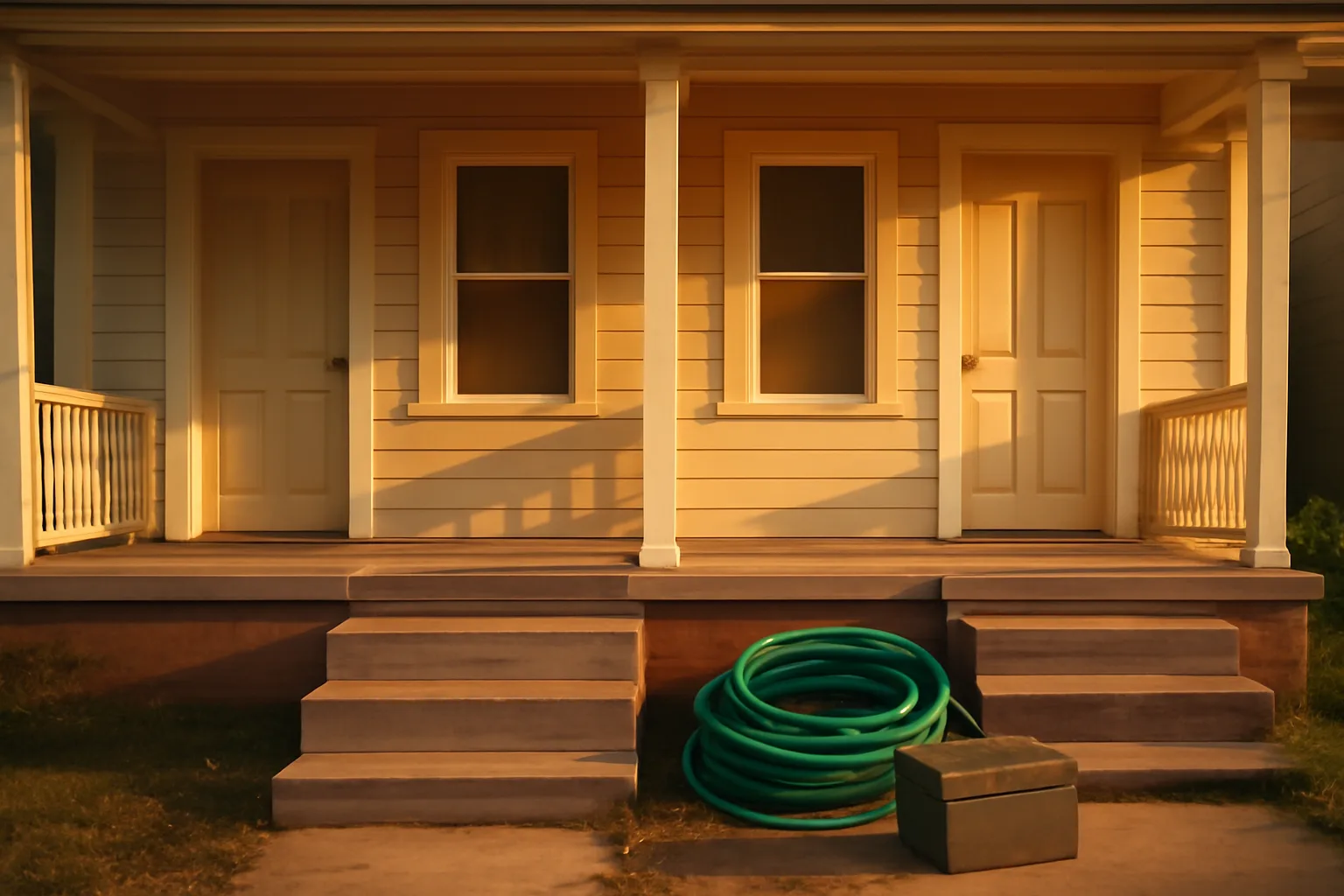 Front porch of a small rental duplex with a toolbox, representing tenant rights to withhold rent