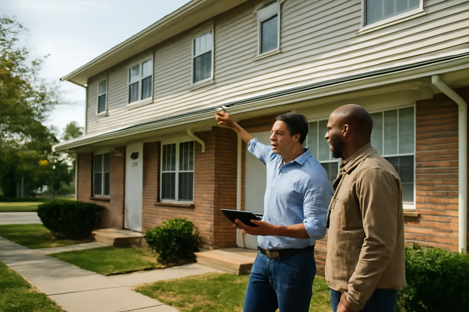 Landlord and city inspector walking around a rental duplex exterior during an inspection