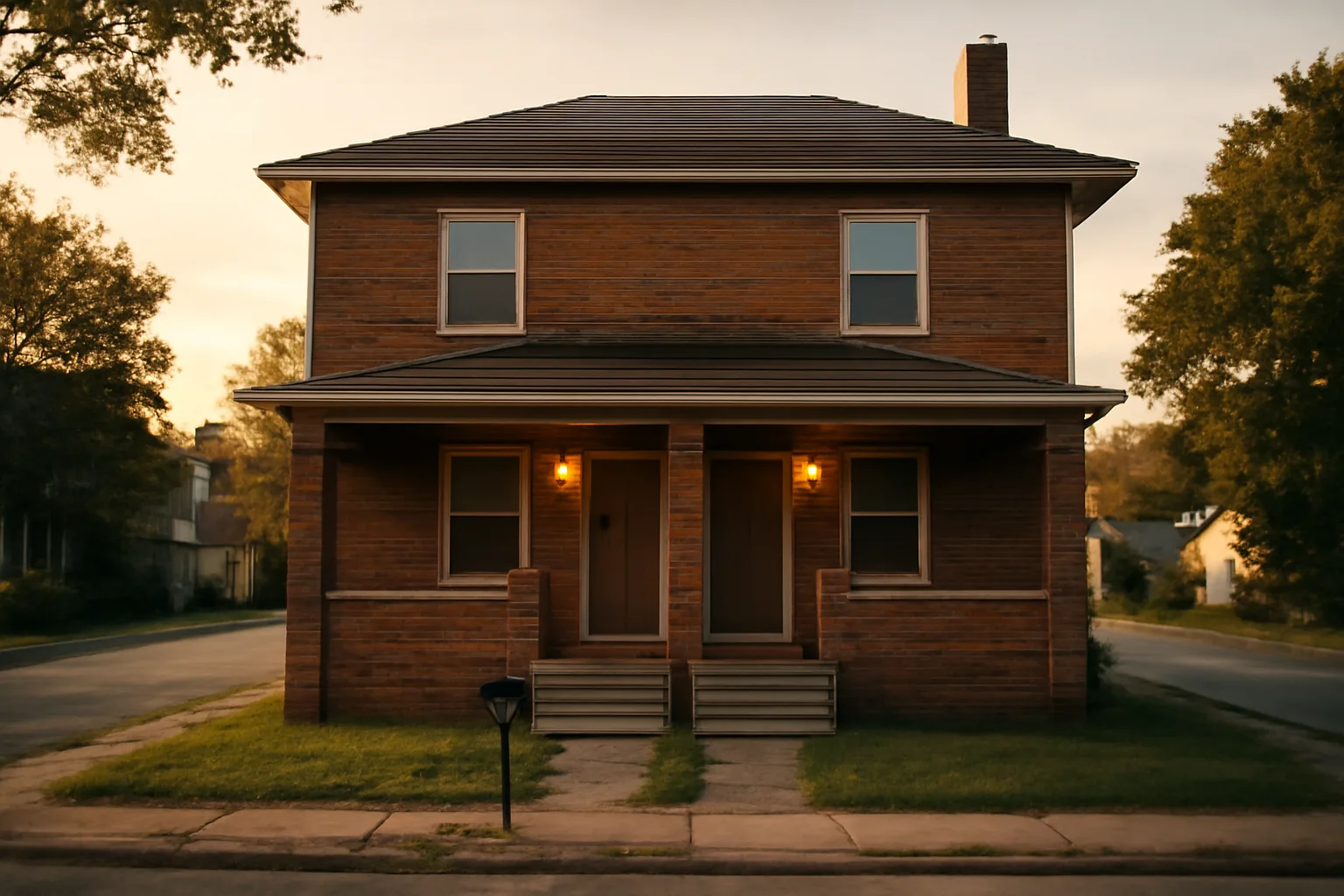 Brick duplex rental home on a quiet Ohio street at dusk