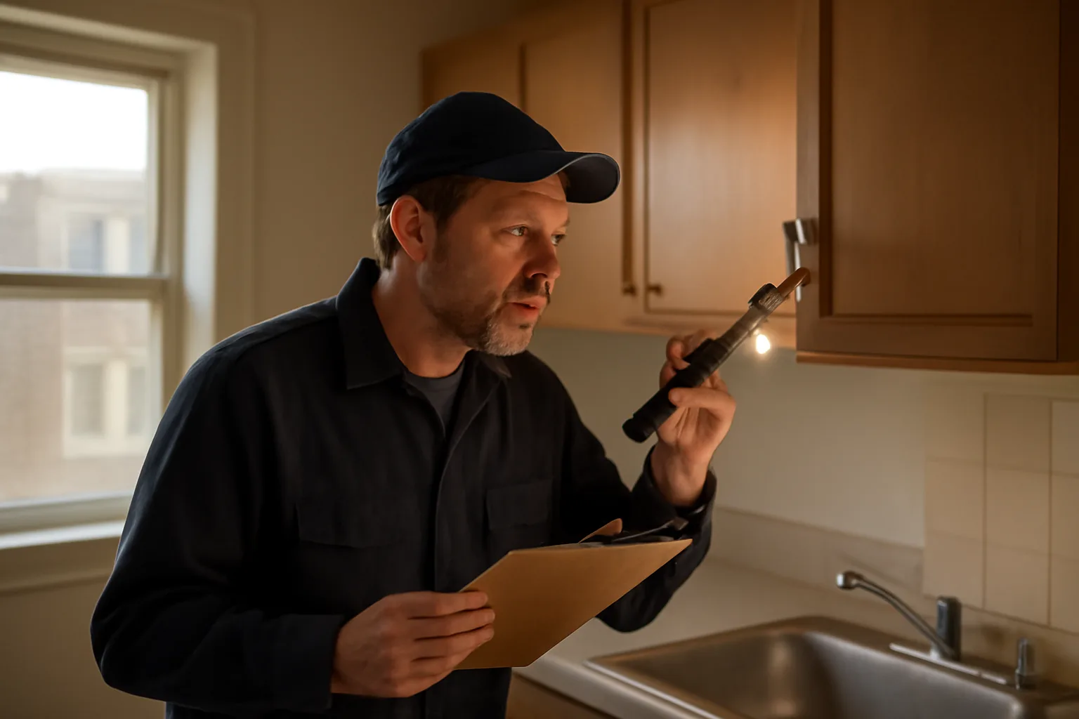 Landlord conducting a rental unit inspection in a kitchen with a clipboard