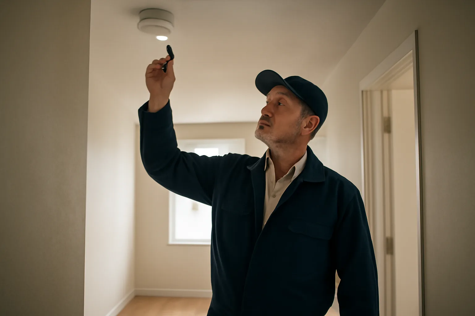 Landlord checking a smoke detector during a rental unit inspection walk-through