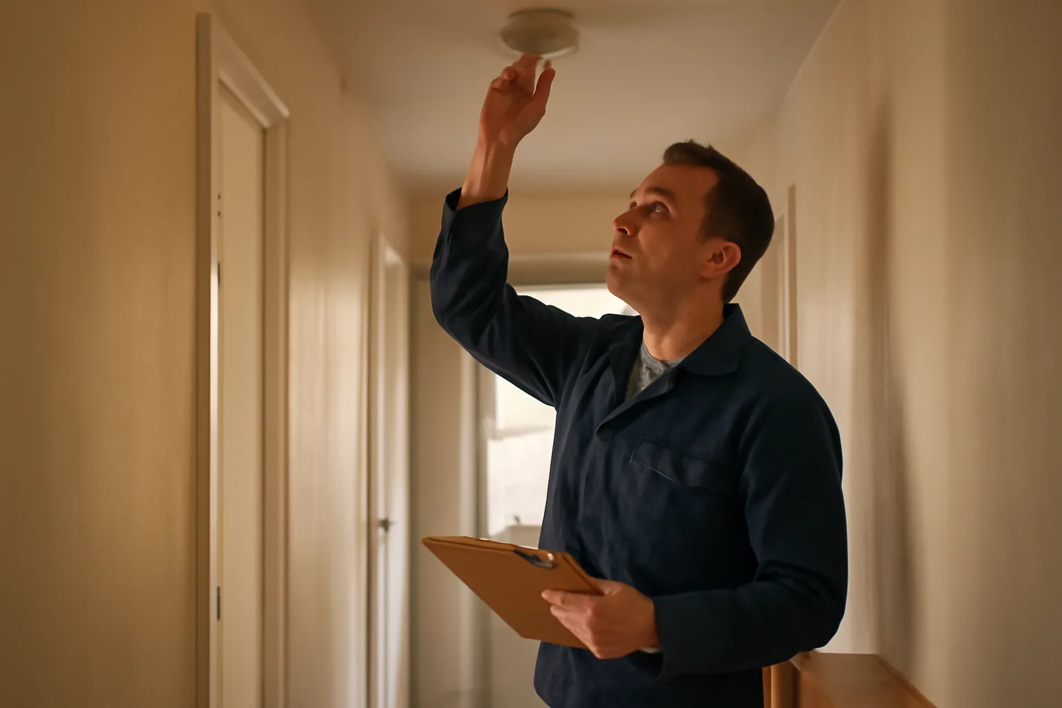 Landlord checking a smoke detector during a routine tenancy inspection walk-through