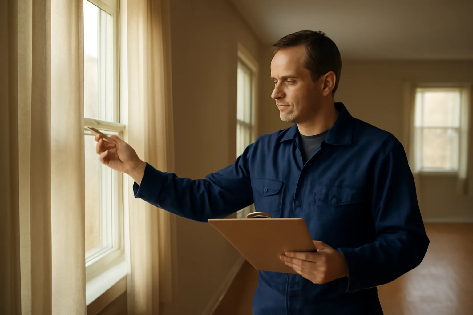 Landlord holding a clipboard inspecting a window during a rental walk through