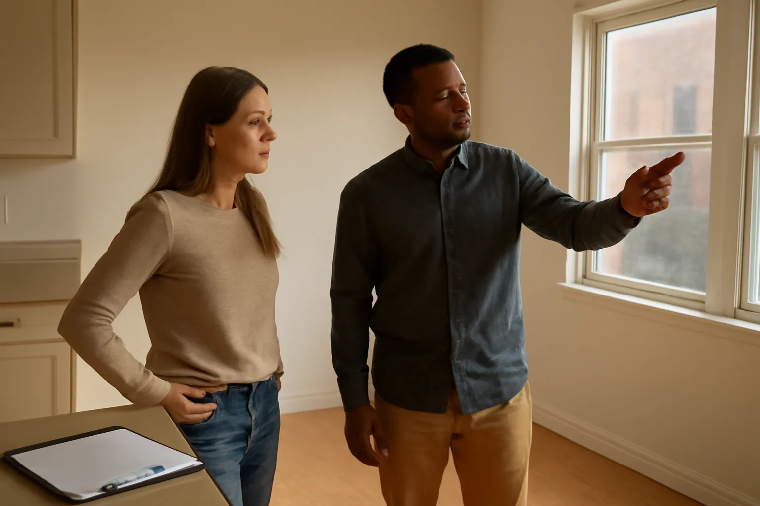 Landlord and tenant reviewing an empty apartment during a walkthrough inspection