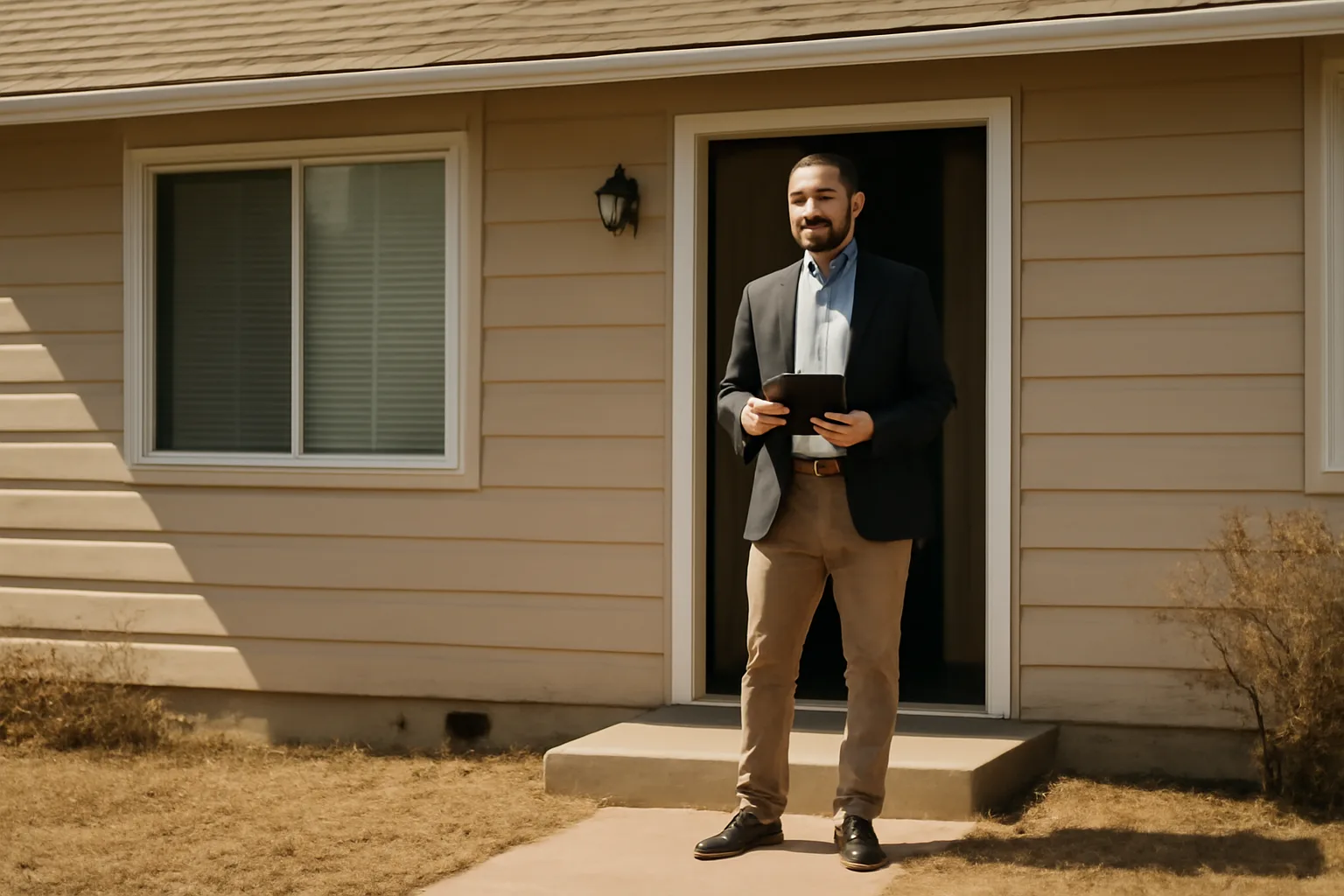 Landlord standing at open rental house door illustrating Texas landlord entry laws