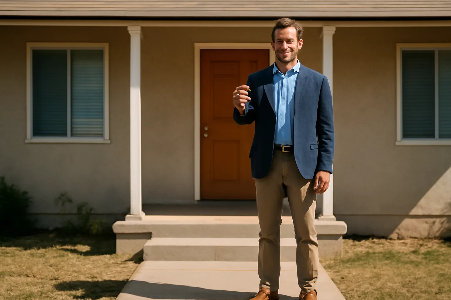 Landlord standing at a rental house front door holding keys before entering