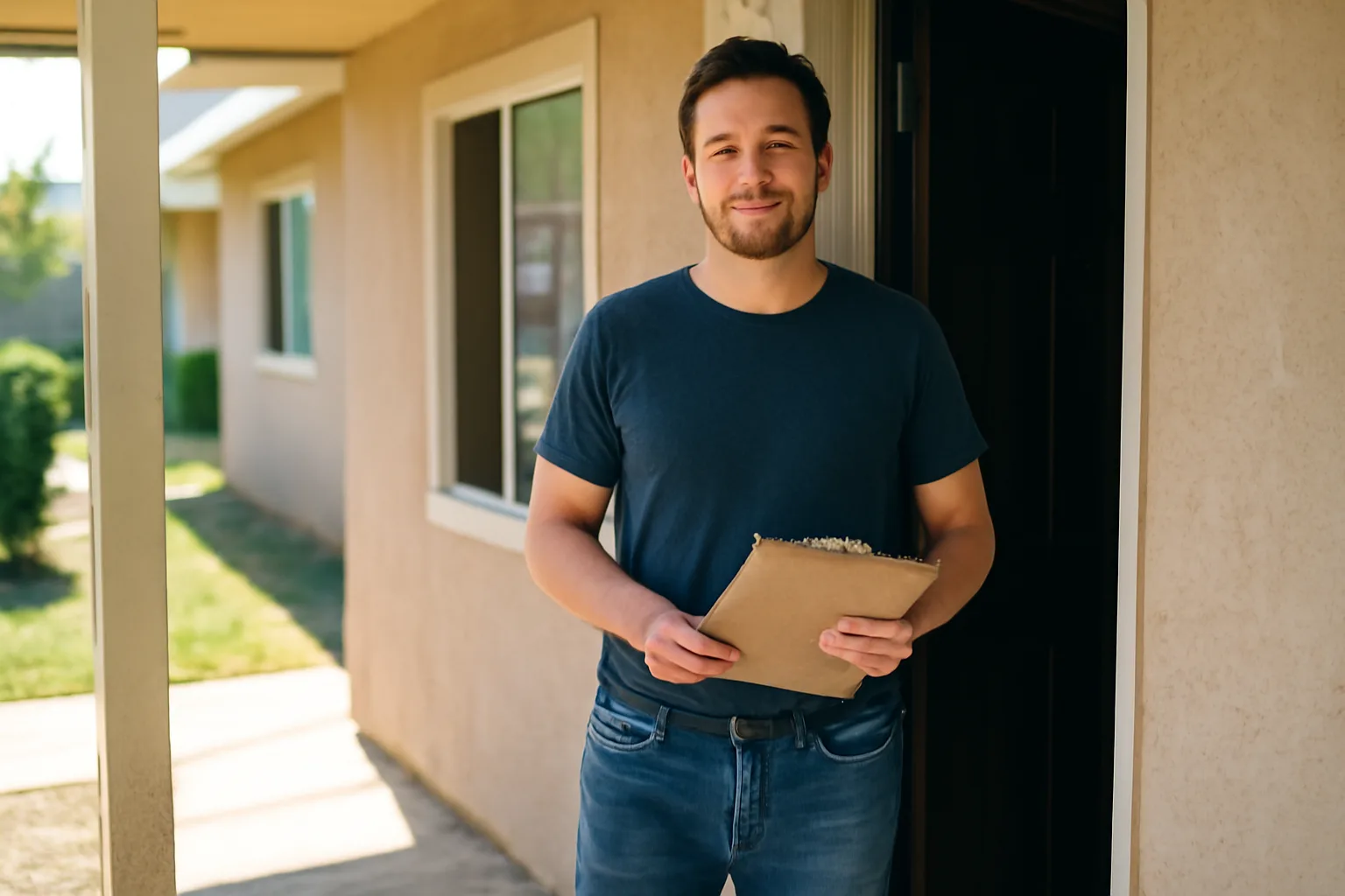 Landlord standing at an apartment door during a daytime entry visit