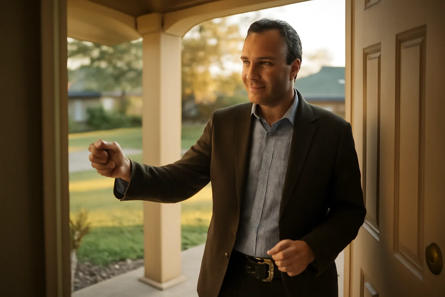 Landlord knocking at a Texas rental home's front door before entering