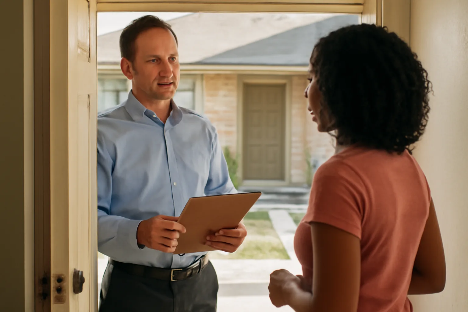 Texas landlord at rental unit doorway discussing entry notice with tenant