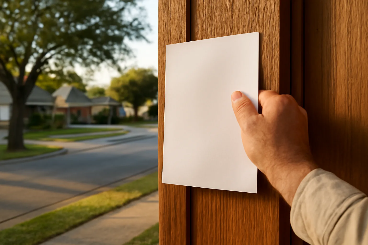 Landlord posting an entry notice on a Texas rental unit door in afternoon light