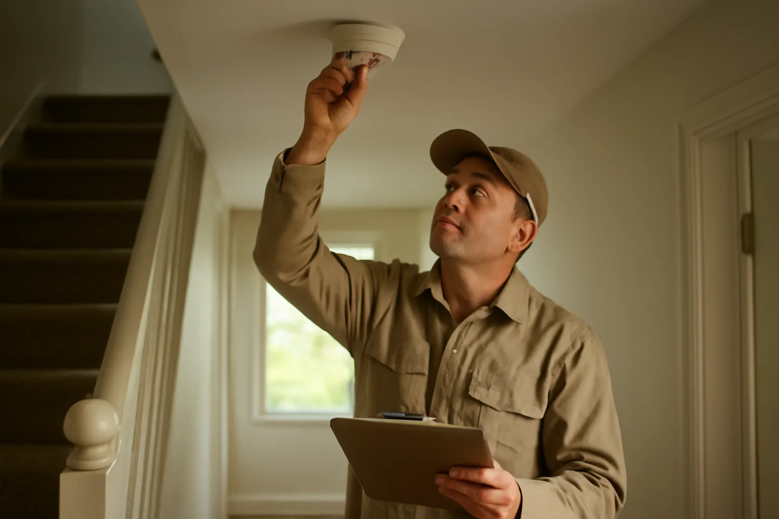Landlord inspecting a smoke detector during a rental property walk-through inspection