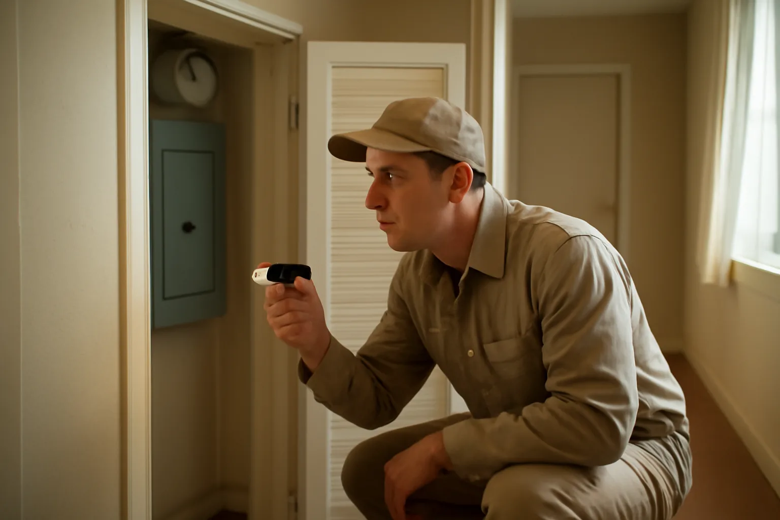 Landlord inspecting a smoke detector during a rental unit walk-through inspection