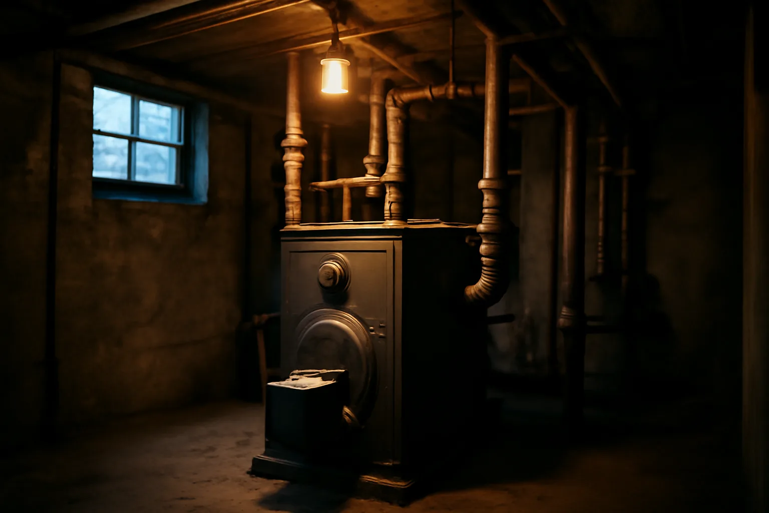 basement mechanical room with an older boiler in a rental apartment building