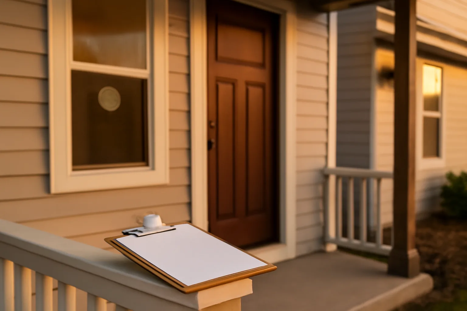 Landlord and building inspector reviewing a rental unit exterior at golden hour