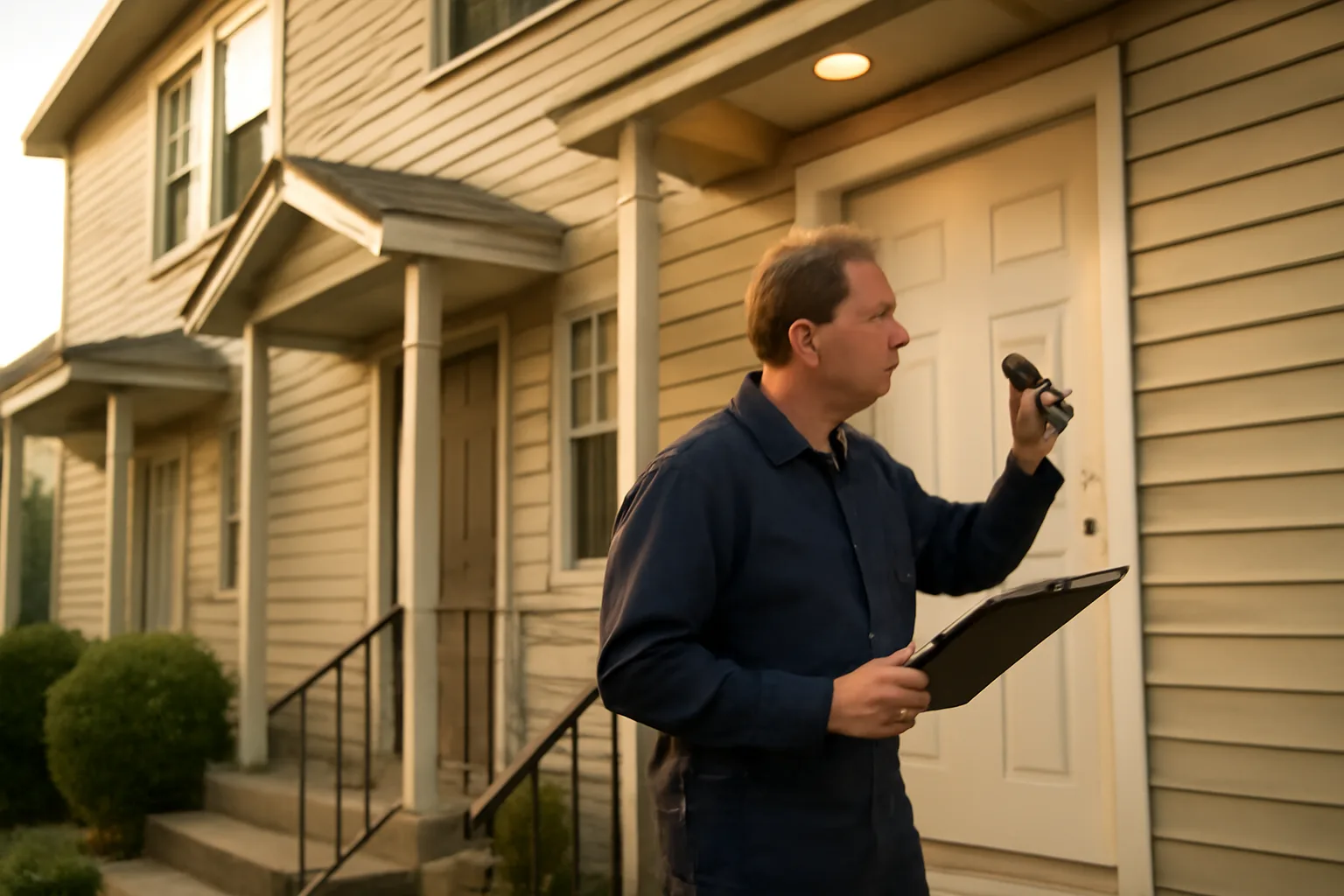Landlord inspecting a rental duplex exterior under the uniform landlord tenant act rules