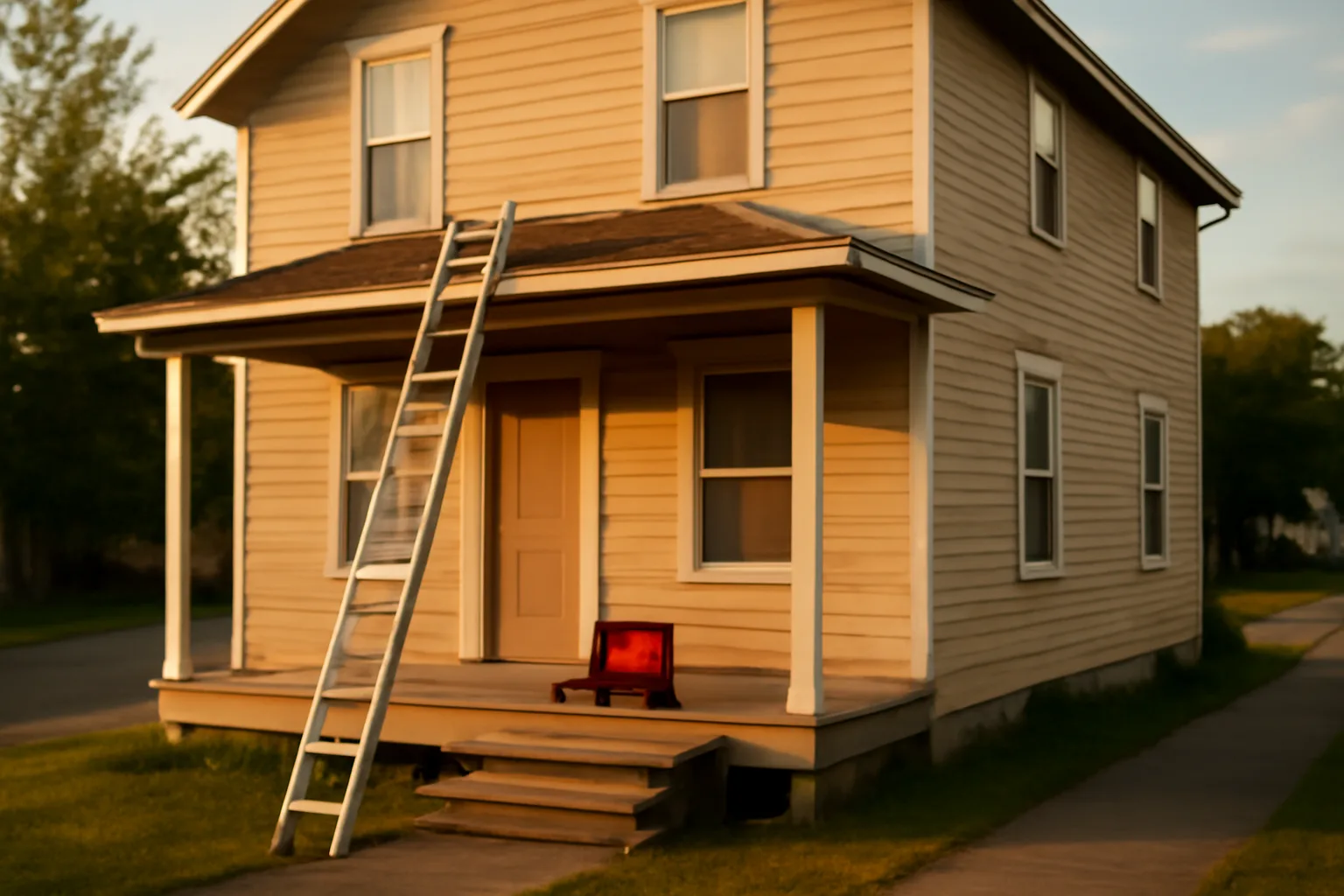 Small duplex rental property exterior at dusk with a ladder and toolbox on the porch steps