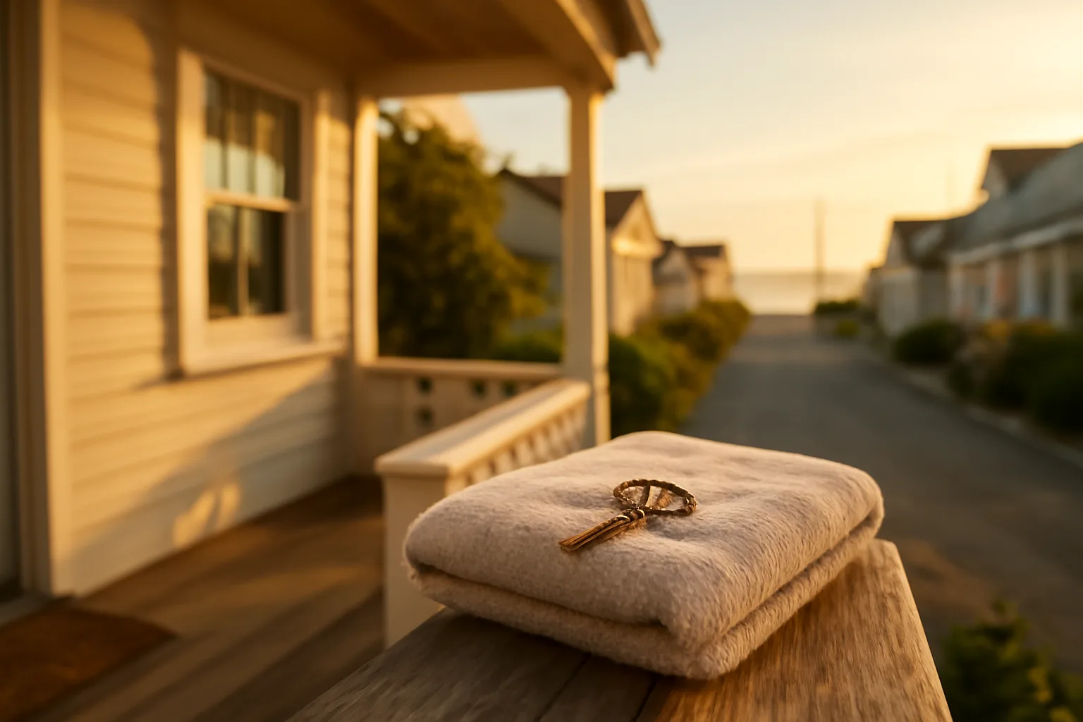 Porch key and folded towel outside a vacation rental cottage at dusk