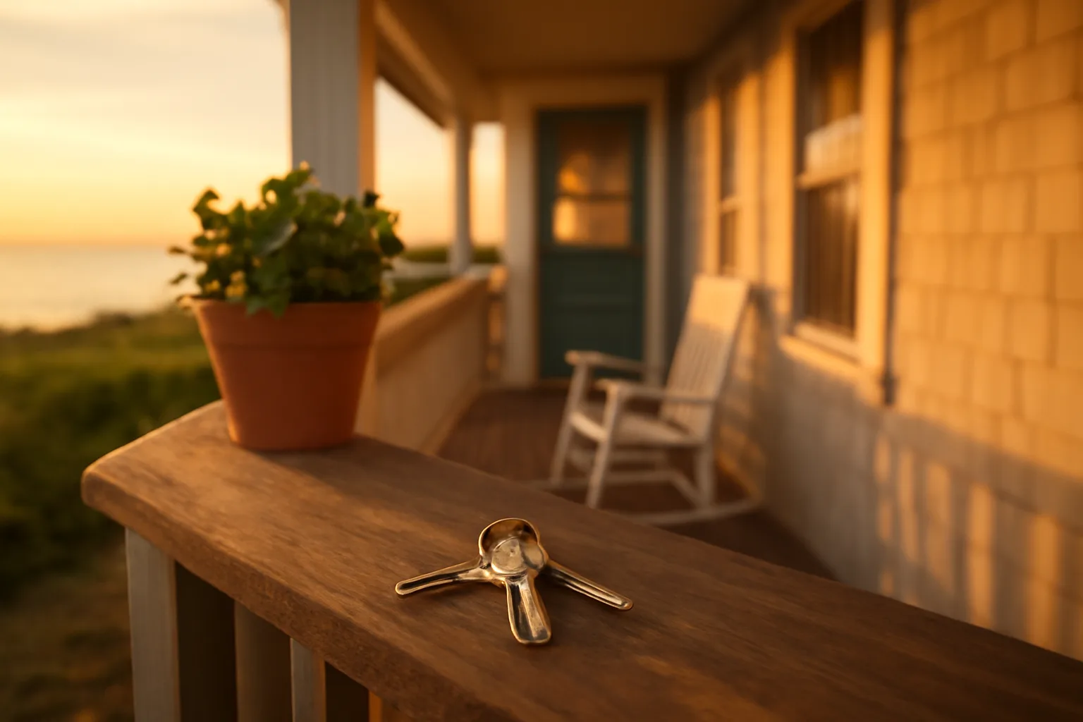 Keys on a porch railing at a small vacation rental cottage at sunset