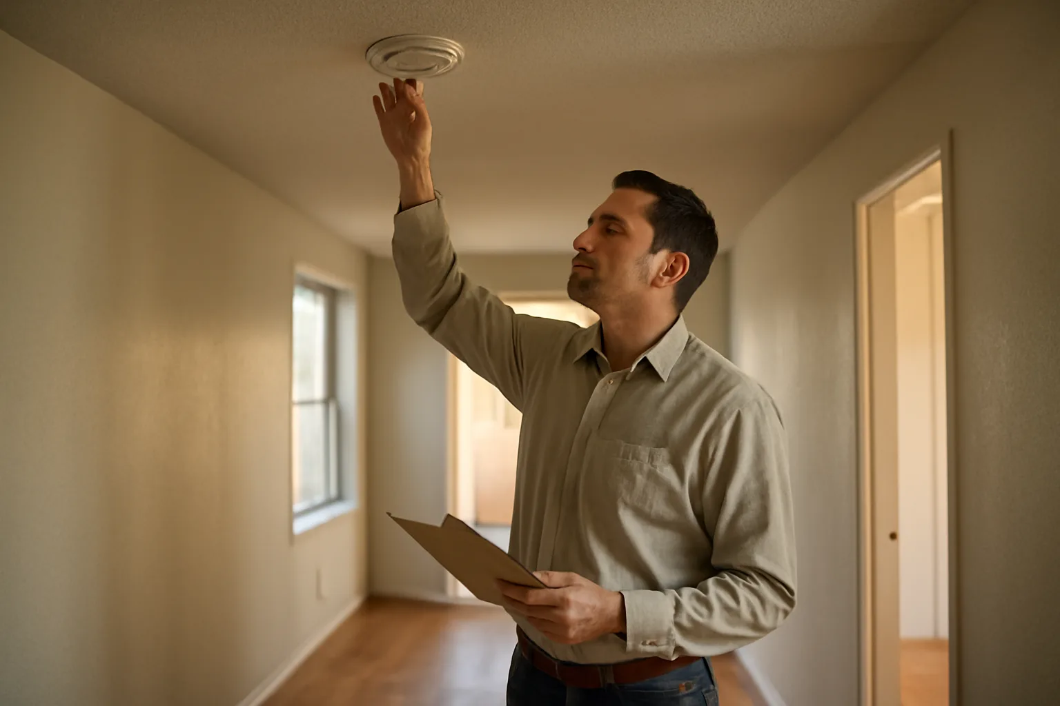 Landlord checking a smoke detector during a rental unit inspection walkthrough