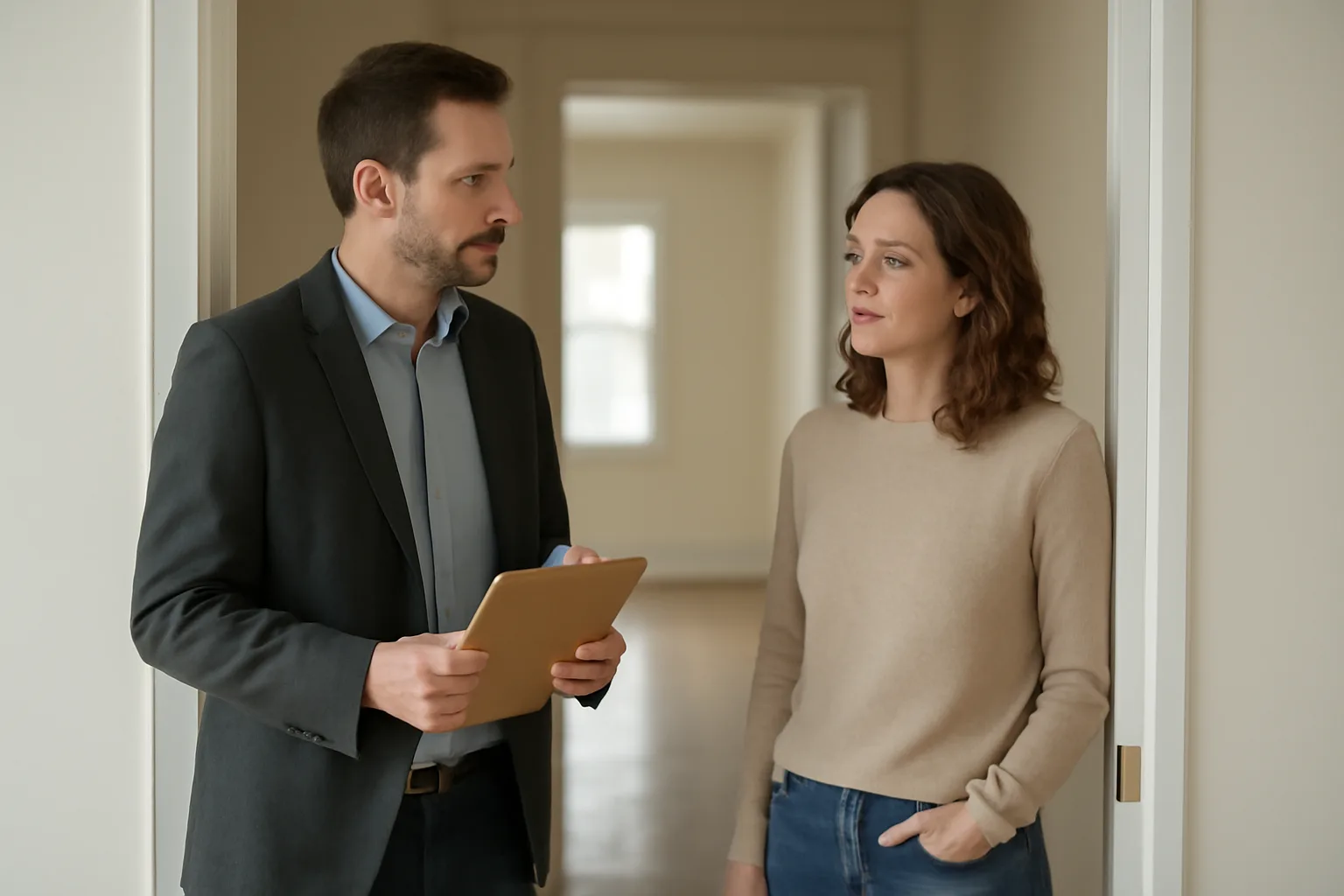 Landlord and tenant conducting a rental unit walk-through inspection near an open doorway