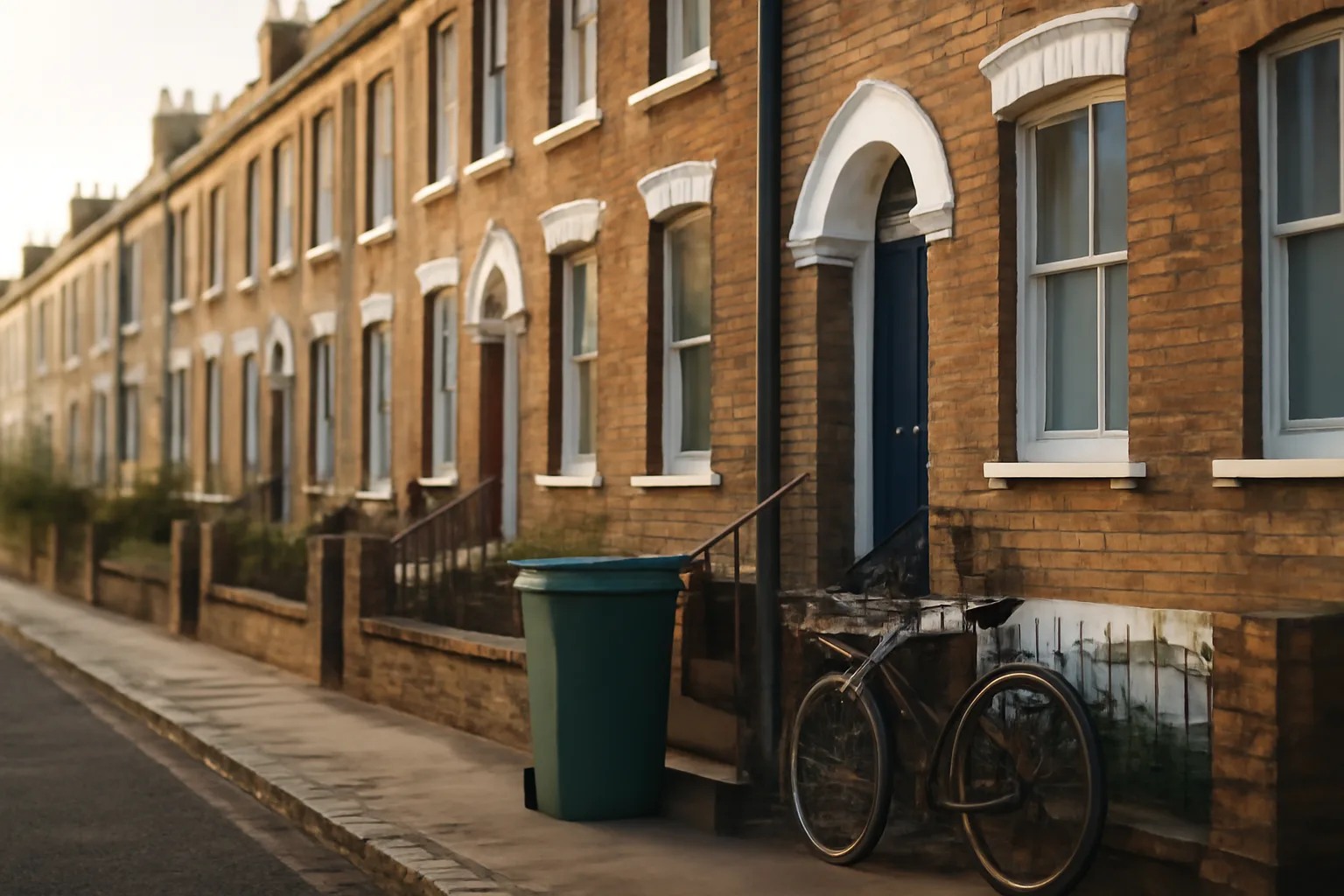 Row of converted brick terraced houses in Wandsworth on a quiet residential street