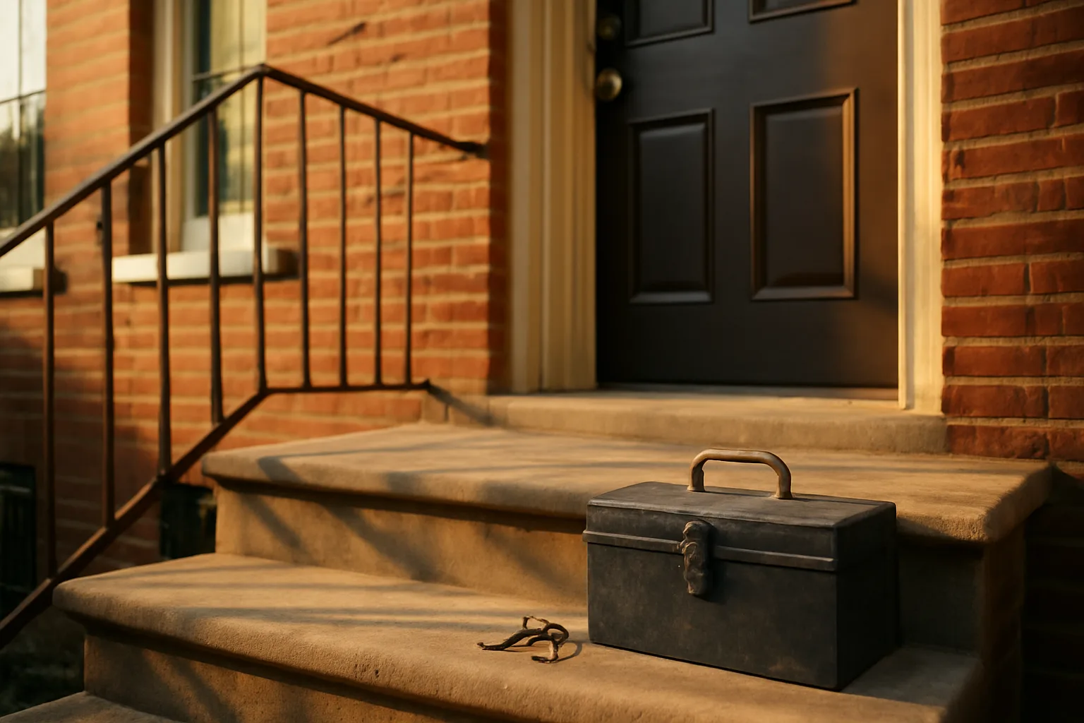 DC rowhouse front stoop with keys and toolbox representing landlord compliance duties