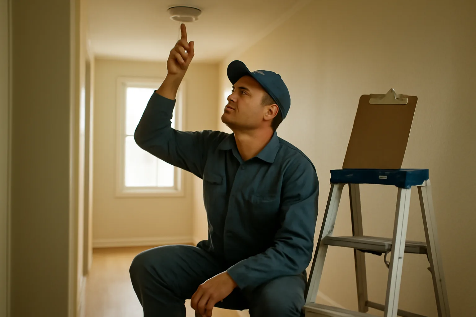 Landlord checking a smoke detector during a rental unit inspection