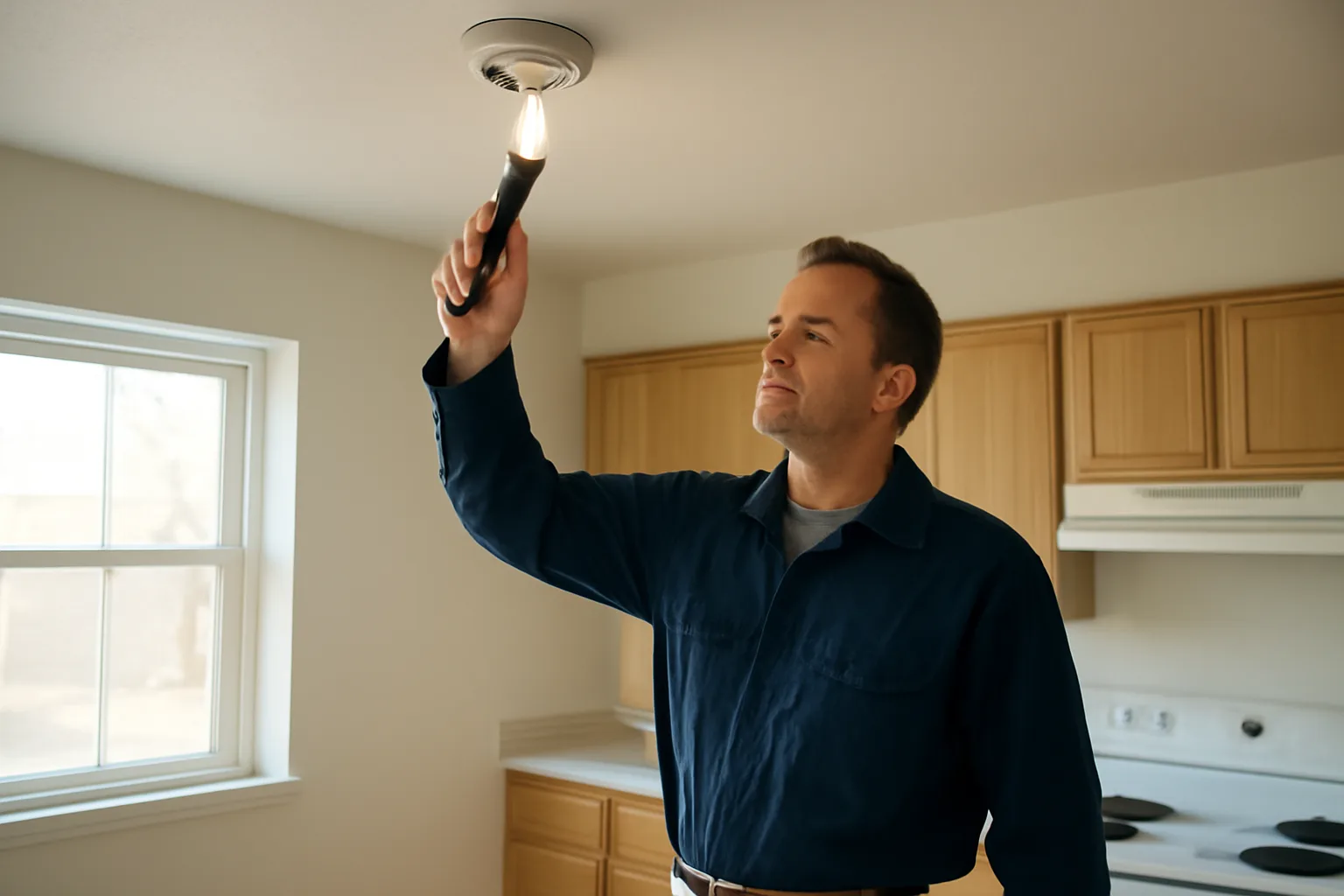 Landlord checking a smoke detector during a rental unit inspection