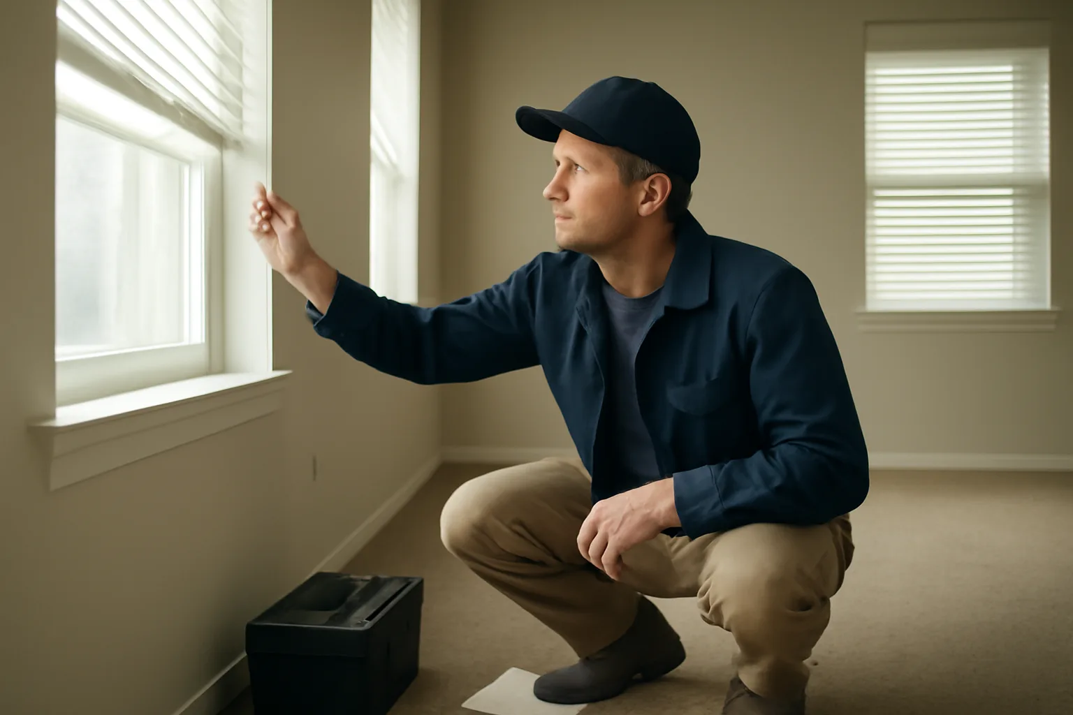 Landlord inspecting a bedroom window and smoke detector in an empty rental unit