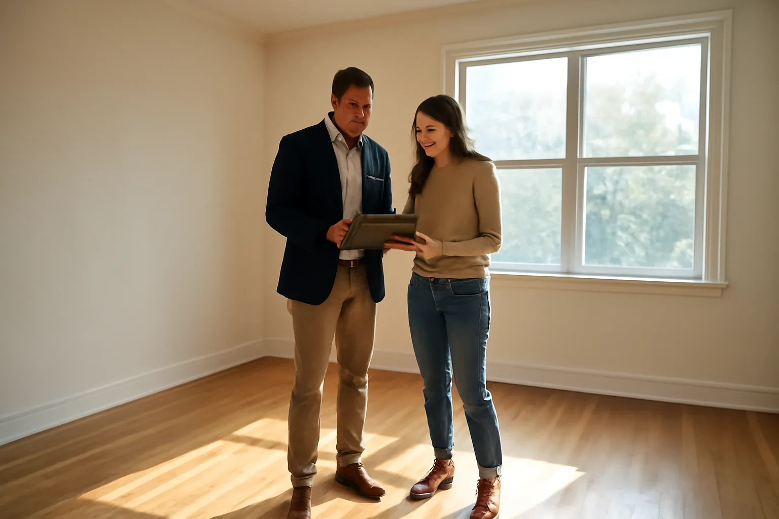 Landlord and prospective tenant reviewing an empty apartment during a walk-through
