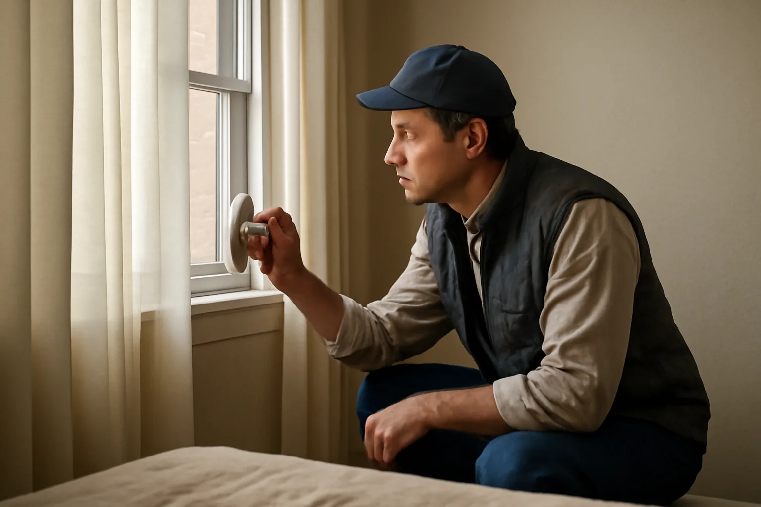 Inspector testing a smoke detector near a window during an apartment inspection