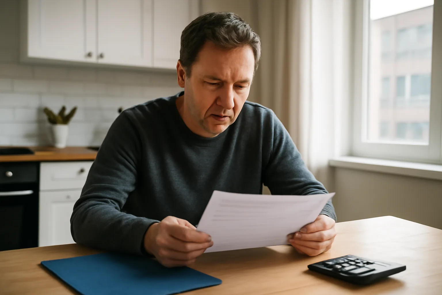 Landlord reviewing a rental application and calculator at a table in Seattle