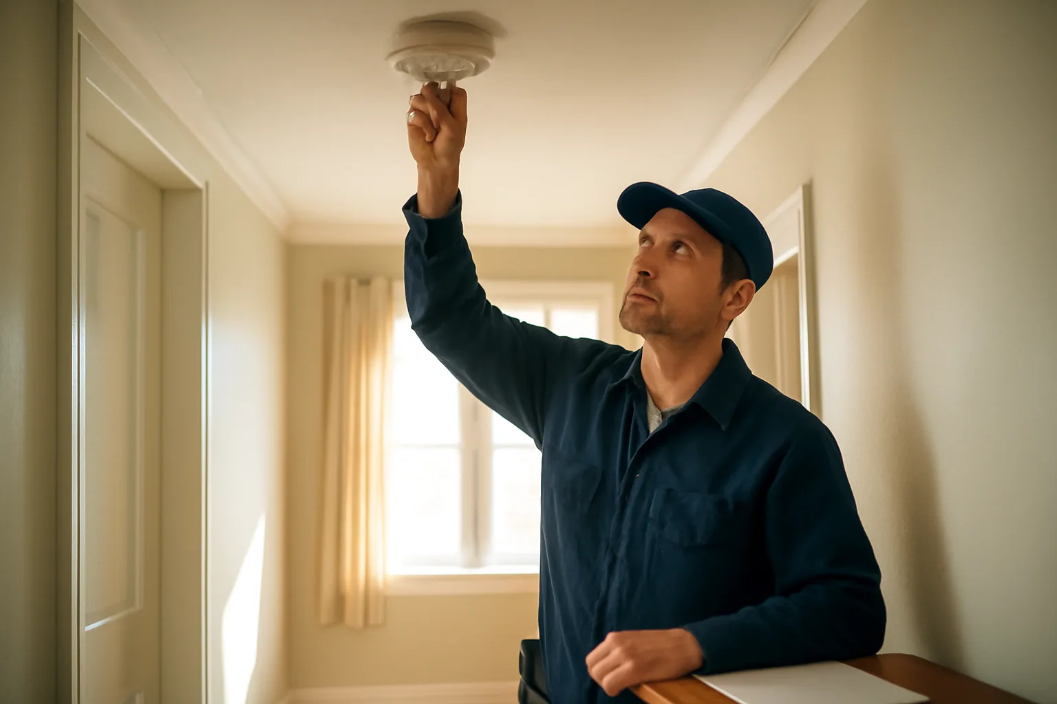 Landlord inspecting a smoke detector during a routine rental unit inspection