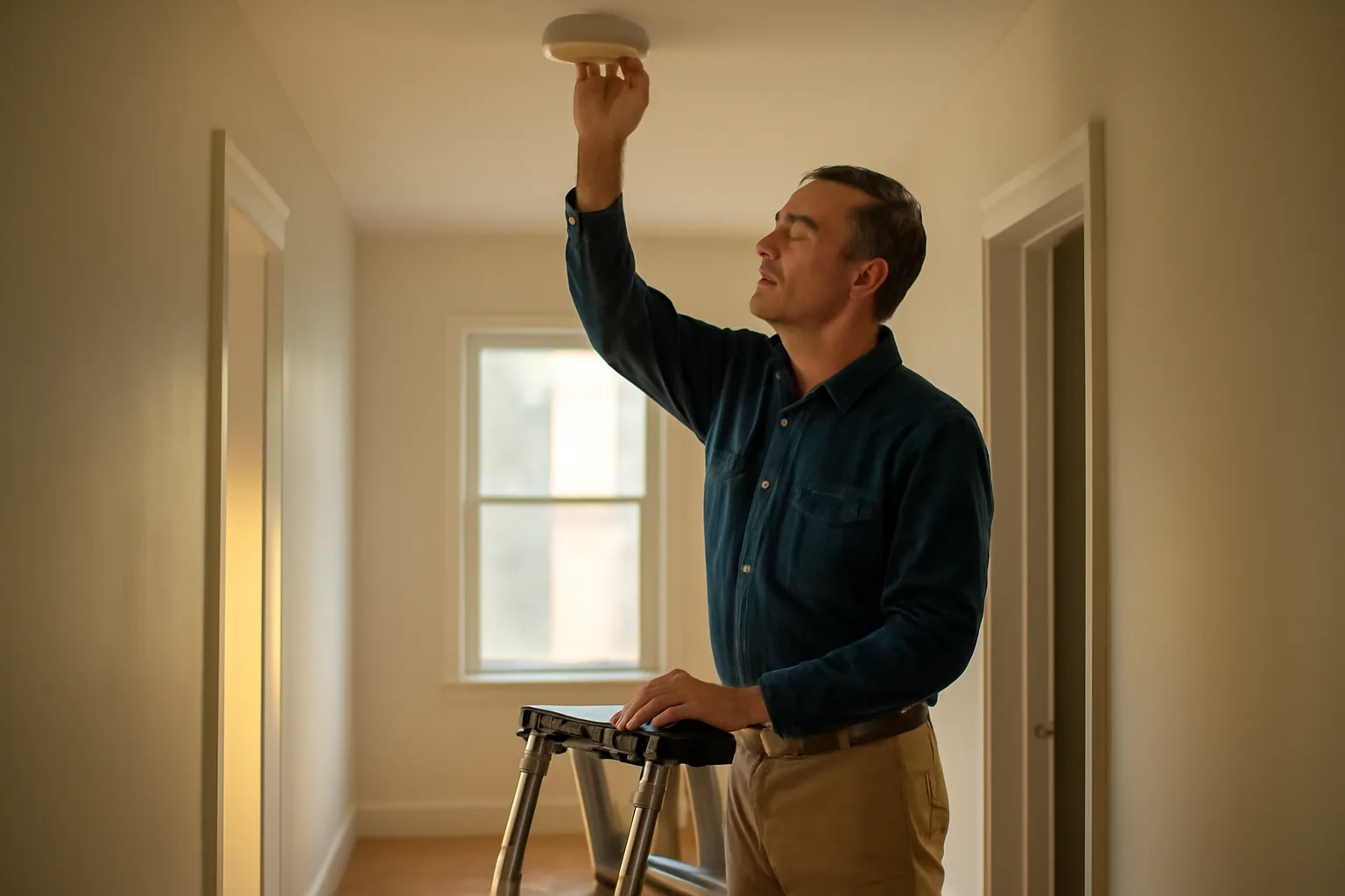 Landlord checking a smoke detector during a rental registration inspection walkthrough