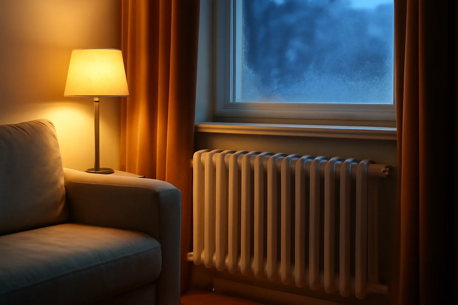 Radiator glowing warm in an apartment at dusk during winter heat season