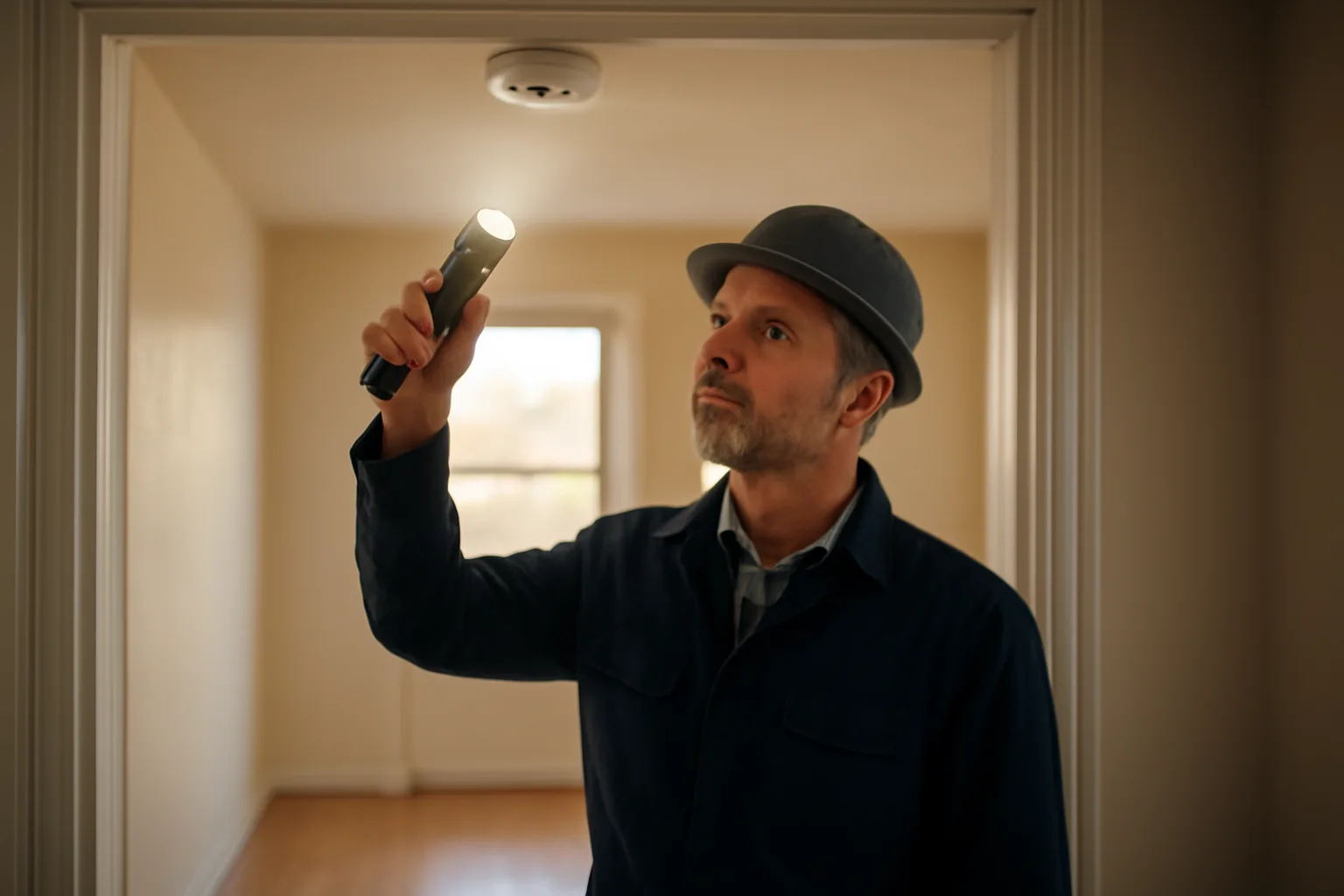 Landlord inspecting a smoke detector in an empty rental unit during a walk-through