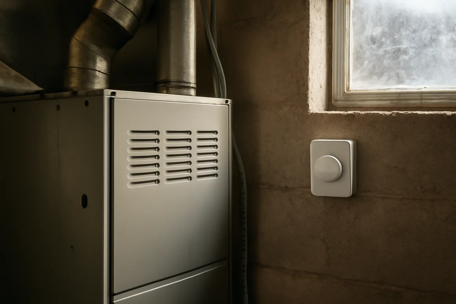 Home furnace in a basement utility room illustrating Wisconsin landlord heat requirements